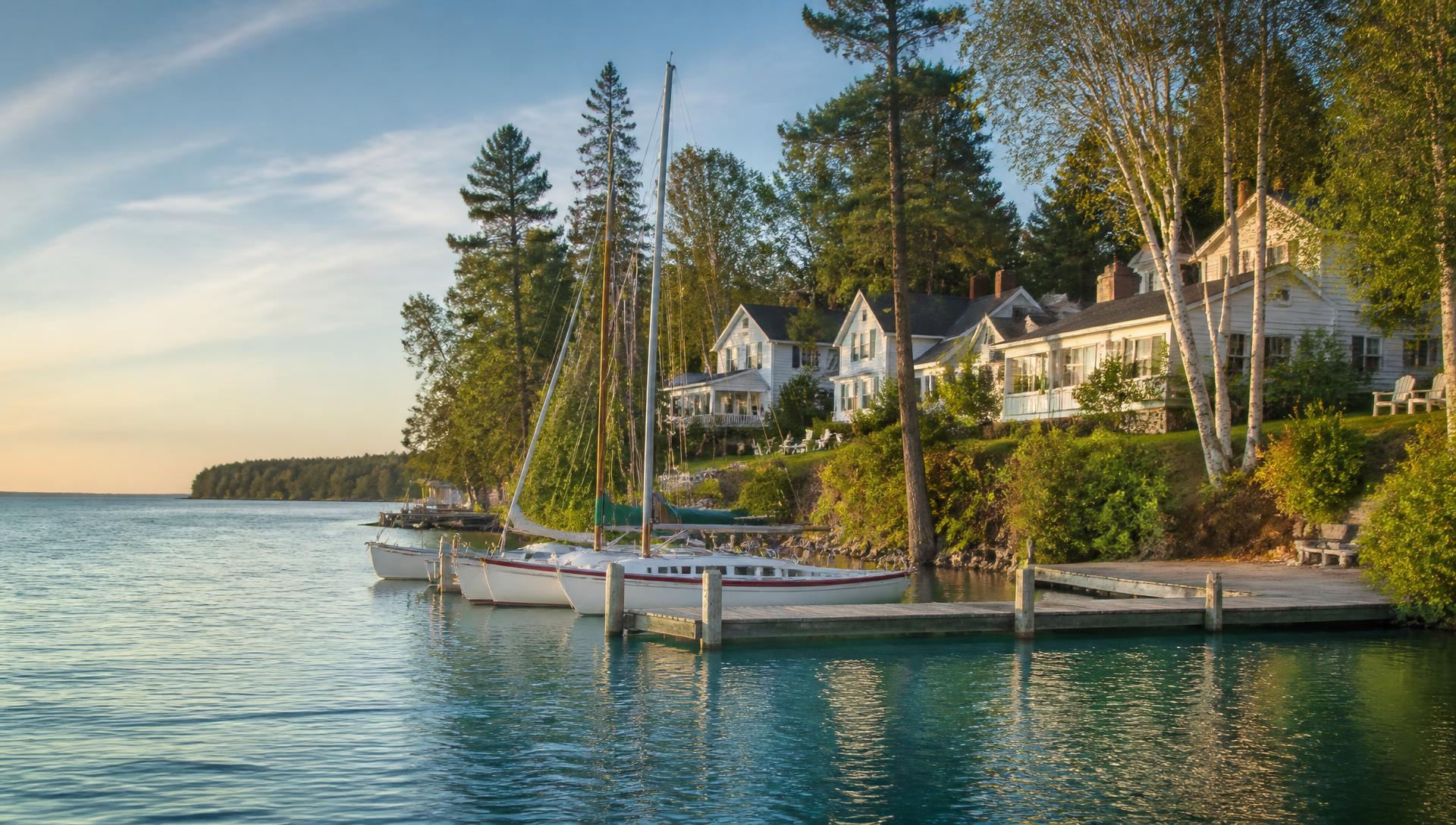 Evening light over the shoreline and cottages at Northport Point